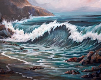 crashing waves, seascape painting, coastal paintings, Seascapes, beach wall art, wave paintings, coast line wall art, realistic seascapes,