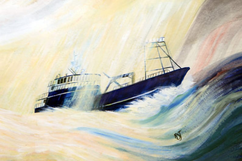May include: A blue fishing boat with a white cabin and a tall mast sails through choppy waves. The boat is illuminated by a bright light shining through the clouds above.