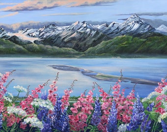 May include: A painting of a mountain range with snow-capped peaks, a lake in the foreground, and a field of pink and purple flowers in the bottom of the image.