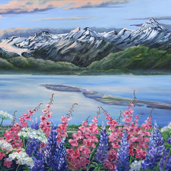 Homer Alaska painting, Homer Alaska art, Homer Spit, Alaskan art, Alaska Native artist, Kenai Peninsula art, wild flowers, mountain art,