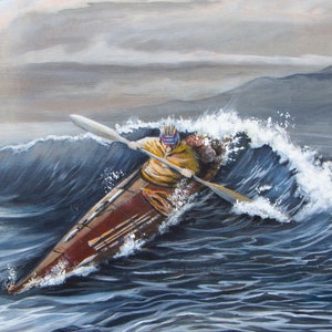 May include: A person in a yellow jacket and a red, white, and blue patterned hat paddles a wooden kayak through a large wave. The water is a dark blue with white foam.
