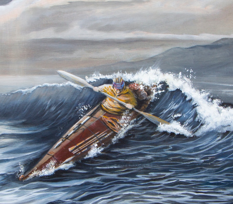 May include: A person in a yellow jacket and a red, white, and blue patterned hat paddles a wooden kayak through a large wave. The water is a dark blue with white foam.