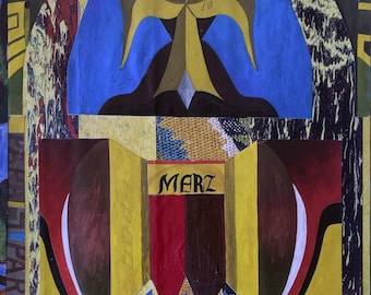 Op de afbeelding: Een kleurrijke abstracte collage met geometrische vormen en een gestileerde vogel in het midden. De vogel is geel en bruin met blauwe vleugels en een blauwe achtergrond. De collage bevat het woord "MARZ" in zwarte letters.