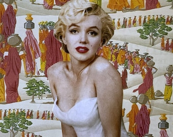 May include: A blonde woman with red lipstick is wearing a white strapless dress. The background is a colorful illustration of people carrying pots on their heads.