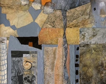 May include: Abstract collage artwork featuring a variety of textures and colors, including gray, brown, orange, and black. The artwork is composed of different shapes and patterns, creating a visually interesting and dynamic composition.