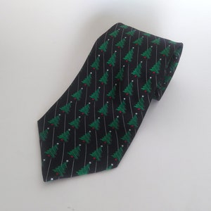 Christmas Tree Necktie, Stars Tie, Black and Green Tie, Holiday Necktie, Vintage Men Tie, Silk Necktie, Gift Exchange, Men Gift.