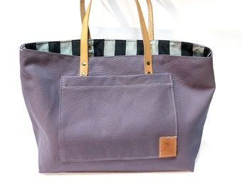 Purple Tote with Vintage Striped Lining