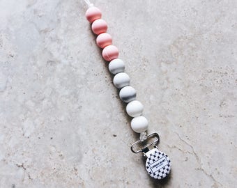 Pacifier Clip, Silicone Pacifier Clip, Teether, Silicone Beads, Food Grade, Chewelry, Brooklyn, Pink Quartz, White, Marble