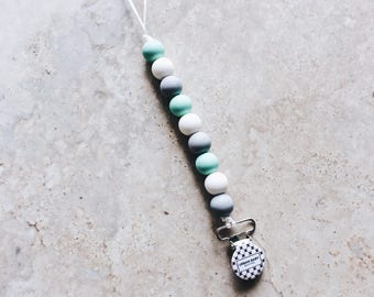 Pacifier Clip, Silicone Pacifier Clip, Teether, Silicone Beads, Food Grade, Chewelry, Hunter, Mint, Gray, White