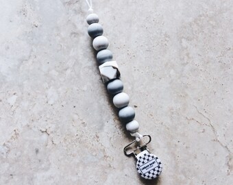 Pacifier Clip, Silicone Pacifier Clip, Teether, Silicone Beads, Food Grade, Chewelry, Mia, Marble, Gray, White