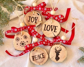 Wood Burned Christmas Ornament Set of 5 | Love, Joy, Peace | Pine Wood Slices with Ted and White Ribbon