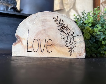 Wood Burned "Floral Love” Sign || Table Decor