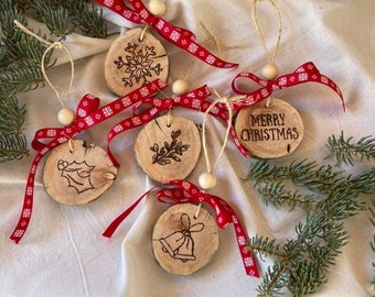 Wood Burned Merry Christmas Ornament Set of 5 | Pine Wood Slices with Red and White Ribbon