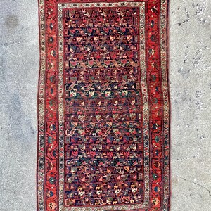May include: A vintage Persian rug with a red background and intricate floral and geometric patterns in shades of blue, green, and cream. The rug has a border with a repeating floral design.