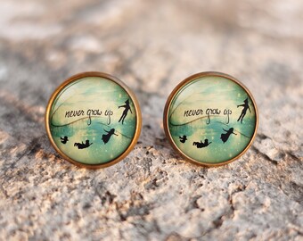 Peter pan pendant Earrings, never grow up, Neverland necklace, Peter pan Stud Earrings, Peter Pan Jewelry, Peter pan clock, Peter pan quote,
