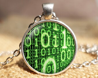 BINARY Code Necklace,Computer Code Jewelry,The Matrix Jewelry, Retro Style Handmade Glass Dome Necklace, Matrix Code