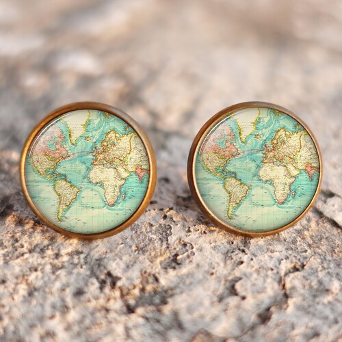 Old Map Stud Earrings World Map Earringsantique Travel Etsy