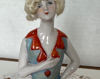 Antique German Flapper Half Doll, Mohair Wig, Art Deco, 1920s