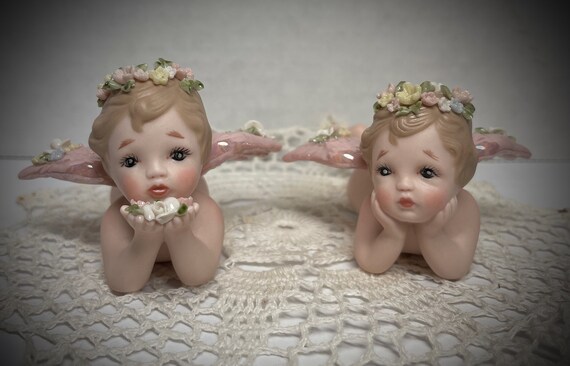磁器製天使の双子、翼のあるビスクドールセット、花冠 - Etsy 日本