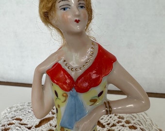 Antique German Flapper Half Doll, Mohair Wig, Art Deco, 1920s