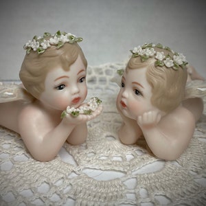 Porcelain Winged Angelic Cherub Twins, All Bisque Cherub, All Bisque Doll
