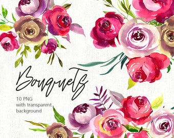 Pink Peach Flowers Peonies Roses Watercolor Clipart White Etsy