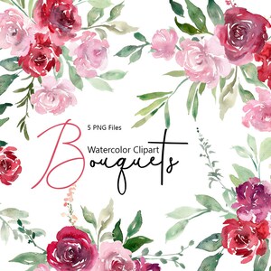 Mazzi di fiori ad acquerello, clipart floreali, fiori rossi rosa, clip art, download digitale, matrimonio, rose viola, peonie, composizioni per uso commerciale gratuito