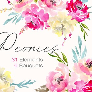 Watercolor Flowers Clipart Peonies Gentle Pink Purple Yellow Floral Clip Art Arrangements Bouquets Digital Download Free Commercial Use PNG