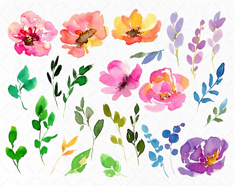 Watercolor Bright Summer Flowers Clipart Colorful Floral Clip Art Violet Pink Purple Bouquets Digital Download Free Commercial Use Png image 2