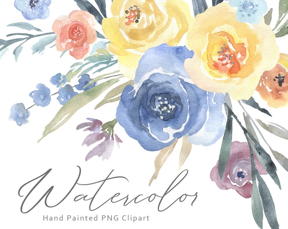 Download Watercolor Flowers Clipart Floral Clip Art Bouquets Light Blue Etsy