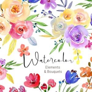 Aquarell hell lebendige Floral Clipart rosa Blush violett gelb Pastell Blumen Blumensträuße kostenlose kommerzielle Nutzung PNG digitale Sofort-Download