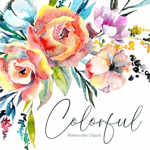 Aquarel bloemen clipart kleurrijke rozen bloemen digitale download clip art helder rood oranje geel krans boeket gratis commercieel gebruik png