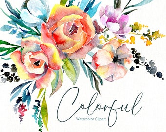 Watercolor Floral Clipart Colorful Roses Flowers Digital Download Clip Art Bright Red Orange Yellow Wreath Bouquet Free Commercial Use Png