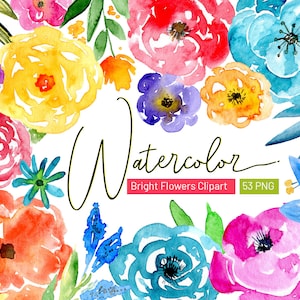 Watercolor Bright Floral Clipart Colorful Flowers Leaves Bouquet Wreath Hand-Drawn Digital Spring Summer Clip Art Free Commercial Use PNG