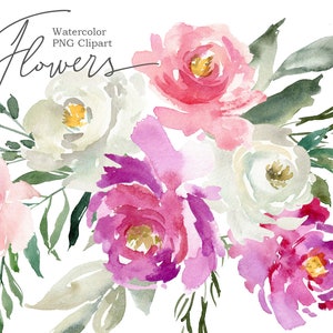 Aquarel bloemen clipart paars wit roze bloemen clip art digitale download lichte pioenrozen bloemen krans boeket gratis commercieel gebruik png
