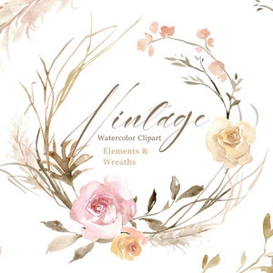 Vintage aquarela flores clipart rosas secas grama empoeirado rosa marrom grinalda casamento floral clip art herbário florais uso comercial gratuito
