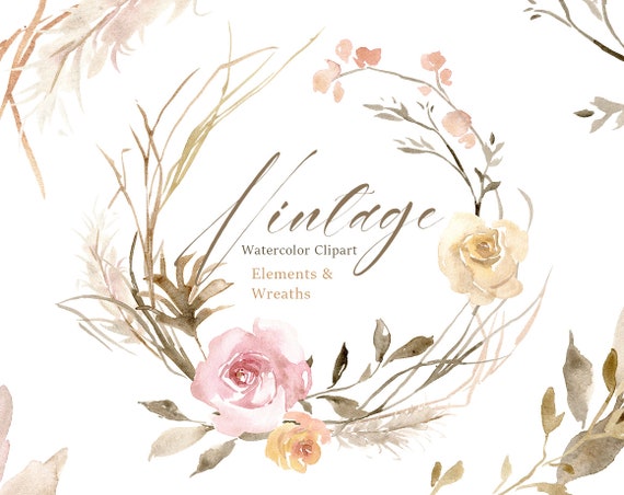Download Vintage Watercolor Flowers Clipart Dried Roses Grass Dusty Etsy