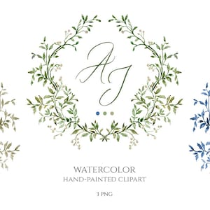 Aquarell handgemalte Wappen Rahmen Clipart Grün Neutral Blau Marine Blätter Beeren Hochzeit Clip Art Kostenlose kommerzielle Nutzung Digitaler Download PNG