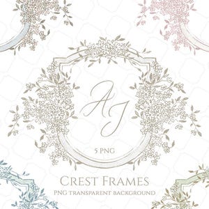Crest cornici floreali PNG Clipart matrimonio vintage Clip Art uso commerciale gratuito digitale abbozzato Chic Line Art matita gesso pastello fiori di campo