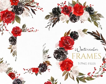 cute homework clipart black and white Watercolor Flowers Frame Wreath Clipart Red Black White Rose Floral Clip Art Dark Bright Bouquet Gothic Glam Florals Free Commercial Use Png