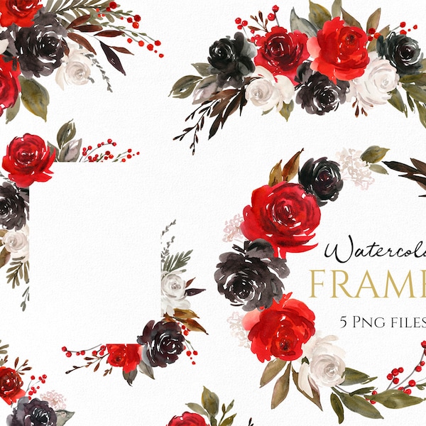 Watercolor Flowers Frame Wreath Clipart Red Black White Rose Floral Clip Art Dark Bright Bouquet Gothic Glam Florals Free Commercial Use Png
