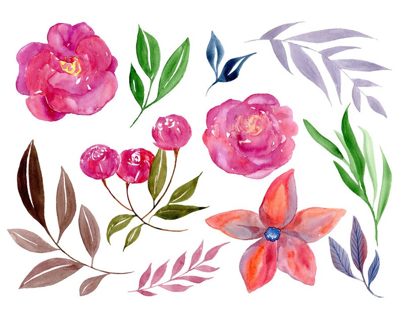 Flowers Boho Aquarelle Digital Clip Art watercolour colorful Free Commercial Use PNG Leaves Watercolor floral clipart 22 bright Branches