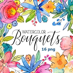 Buquês de flores em aquarela/clip art digital aquarela brilhante clipart floral arranjos coloridos/buquê de flores Uso comercial gratuito
