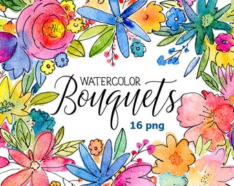 Watercolor bouquets flowers / digital clip art bright aquarelle floral clipart colorful arrangements / flower bouquet Free Commercial Use