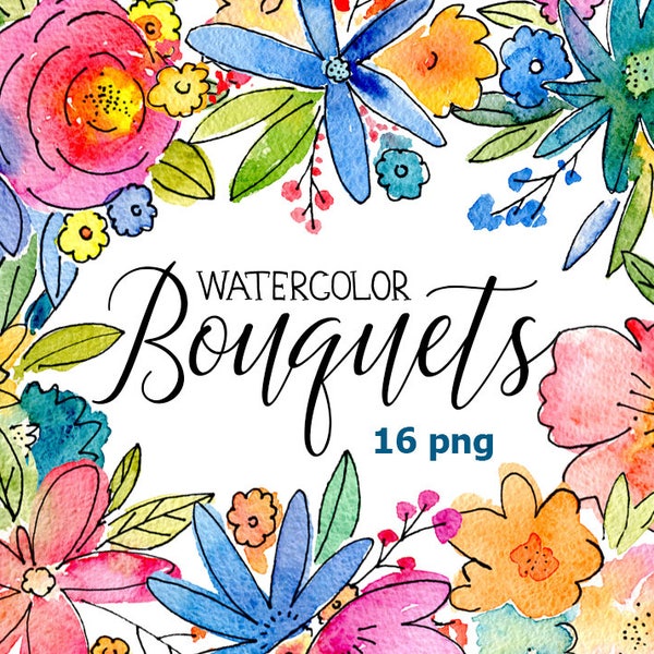 Watercolor bouquets flowers / digital clip art bright aquarelle floral clipart colorful arrangements / flower bouquet Free Commercial Use