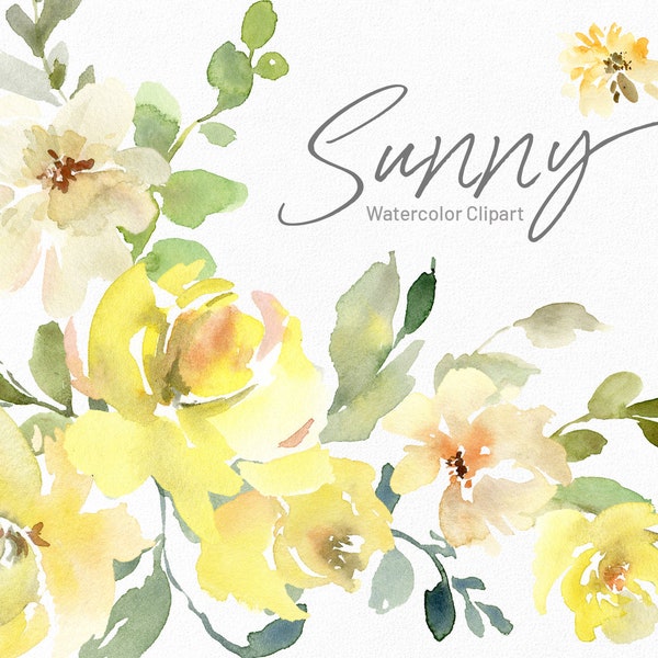 Watercolor Yellow Flowers Clipart Floral Clip Art Wedding Sunny Peonies Bouquet Digital Download Bright Watercolour Free Commercial Use Png