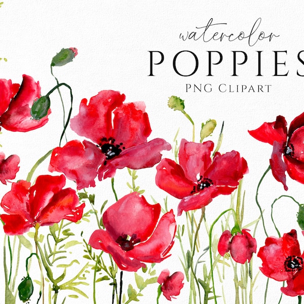 Watercolor Poppies Red Flowers Clipart Watercolour Poppy Floral Clip Art Bright Wedding Wreath Frame Digital Download Free Commercial Use