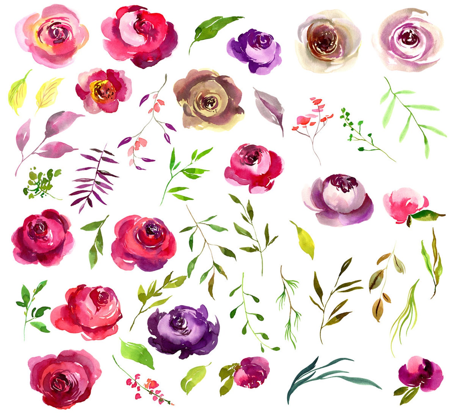 Watercolor Floral Clipart Bright Roses Flowers Branches Leaves - Etsy