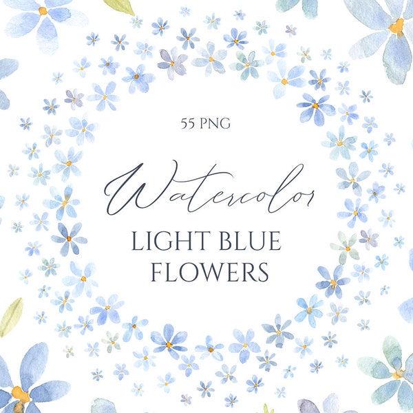 Watercolor Light Blue Small Flowers Clipart Frame Border Floral Drop Clip Art Wedding Lobelia Decor Digital Download Free Commercial Use Png