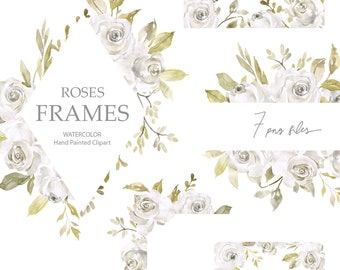 Watercolor White Flowers Frames Roses Clipart Digital Download Watercolour Floral Clip Art Wedding Florals Borders Free Commercial Use PNG